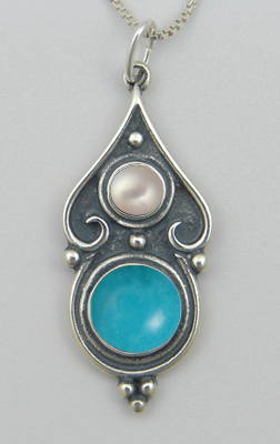 Sterling Silver Romantic Necklace Turquoise And Cultured Freshwater Pearl